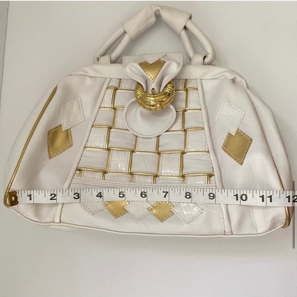 (R) Vintage Gold and White Geometric Pattern Purse With Removable Strap - Picture 13 of 16